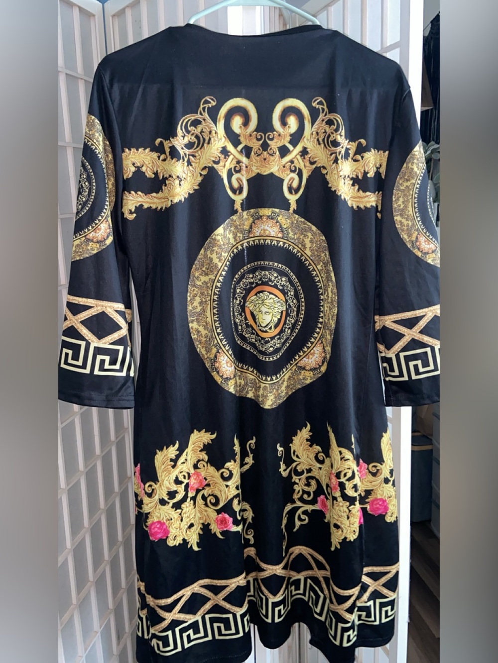 Black and Gold Baroque Medallion Kimono Dress
